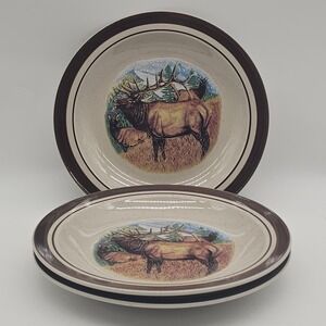 3 Cabela's Folkcraft Stoneware Scotty Z Bugling Elk Salad Plates 8.75 in